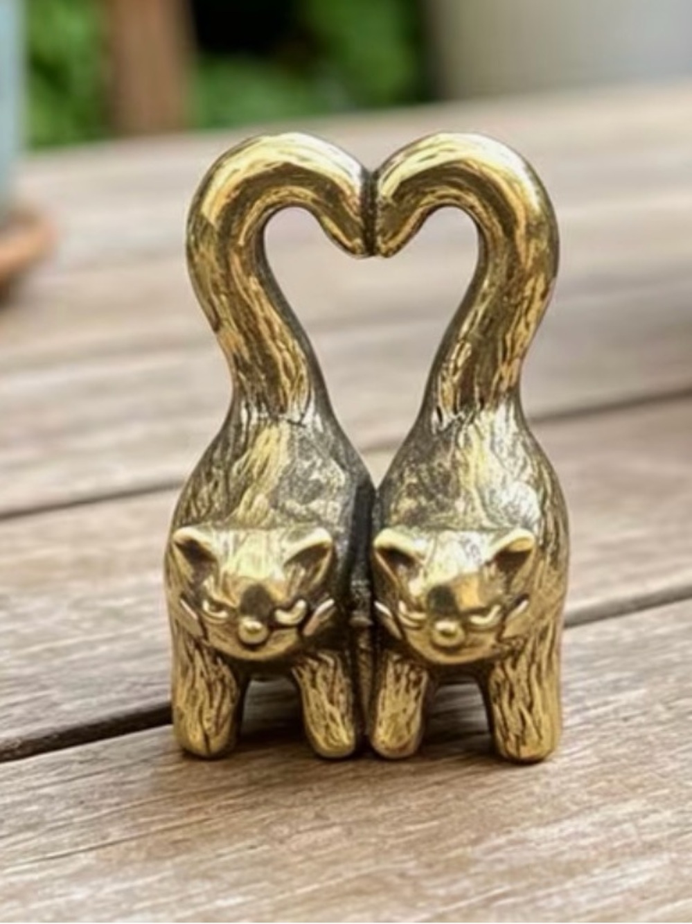 Gold Cat Pair Figurine Heart Shaped Tails - Brass Finish